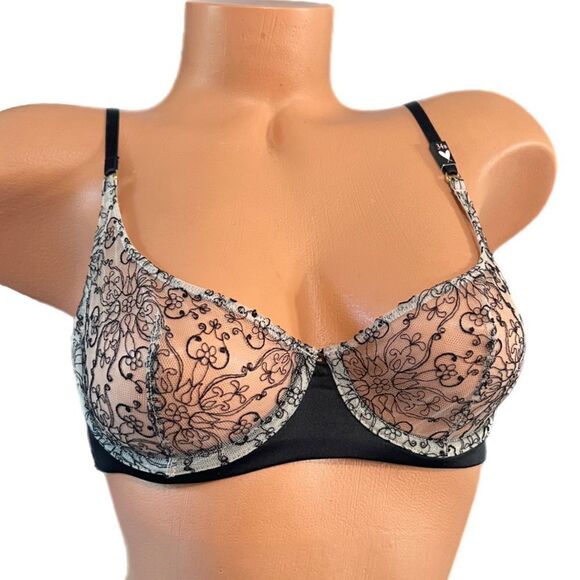 Victoria’s Secret Very Sexy Embroidered Mesh Unlined Demi bra black Buff 34B - Picture 1 of 5